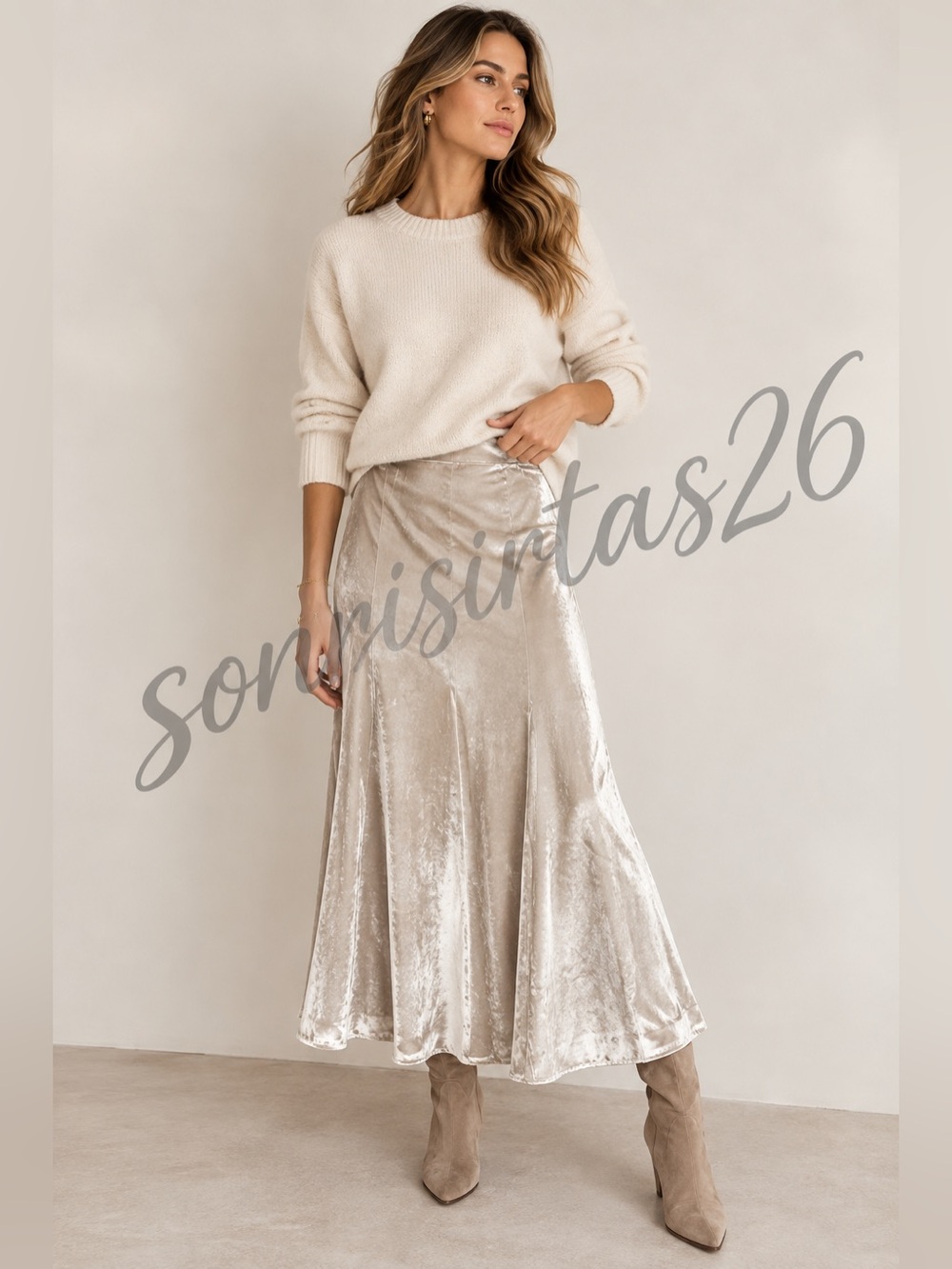 Vince Velvet Paneled Midi Skirt Women 12 Oat Stone Quiet Luxury Neutral
